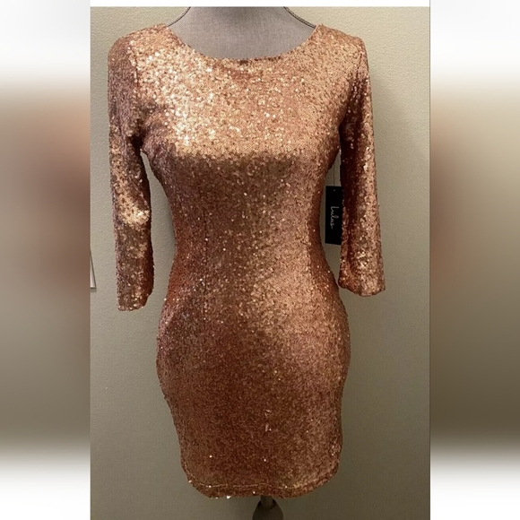 Lulus Delightful Ways Rose Gold Sequin Dress, Mini Bodycon XL Sleeve, Small - Picture 1 of 8